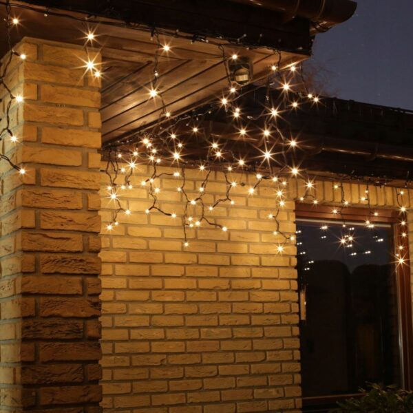 Kurtyna świetlna 100 LED sople, biały ciepły, 5,5 m, IP44 8 funkcji