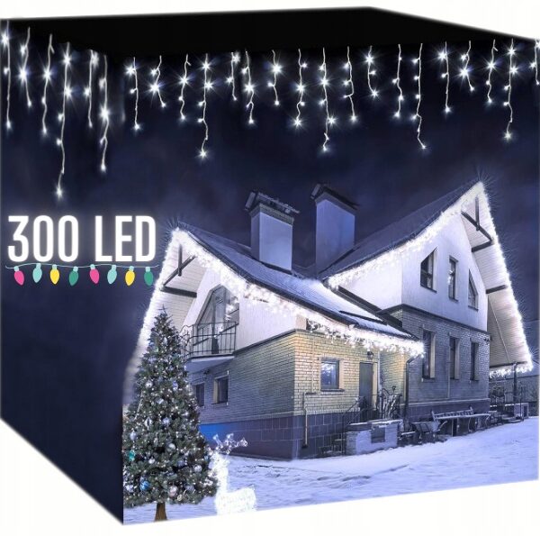 Kurtyna świetlna sople 300 LED białe zimne flash zewnętrzne