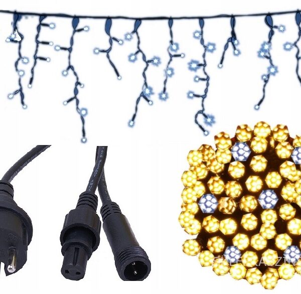 Kurtyna świetlna sople 240 LED białe ciepłe + zimny flash, 15 m.