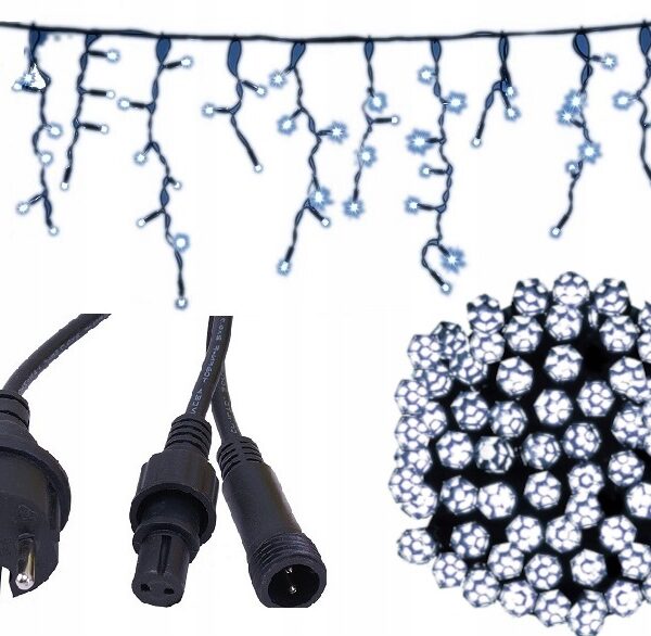 Kurtyna świetlna sople 240 LED białe zimne + flash, 15 m.