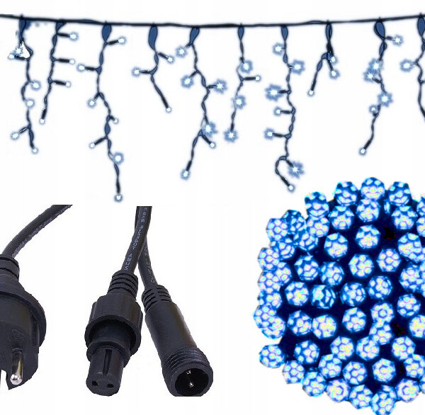 Kurtyna świetlna sople 120 LED niebieskie + zimny flash, 7,15 m