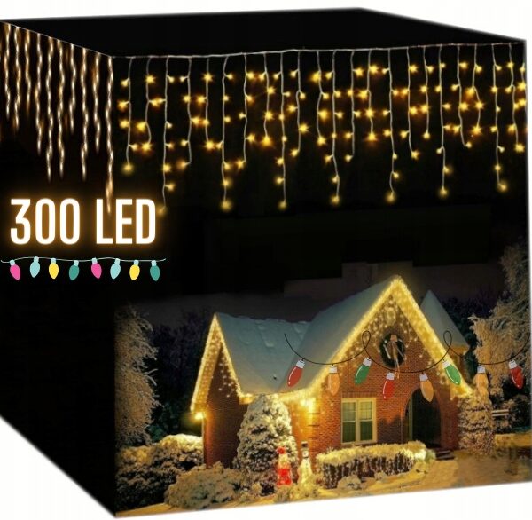 Kurtyna świetlna sople 300 LED białe ciepłe flash zewnętrzne