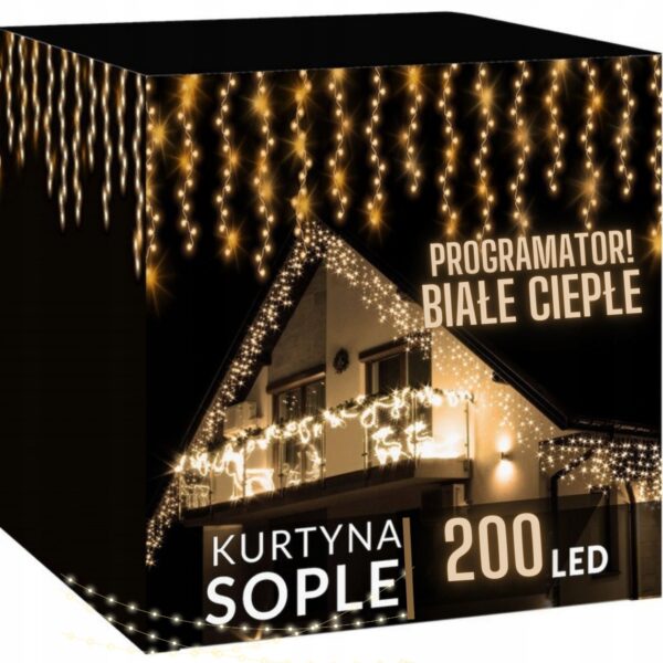 Kurtyna świetlna 200 LED 9,5m sople biała ciepła z programatorem