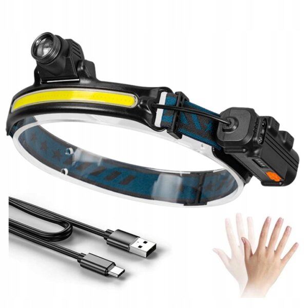 Latarka czołowa LED COB+XM-L2 mocna, zoom, sensor ruchu