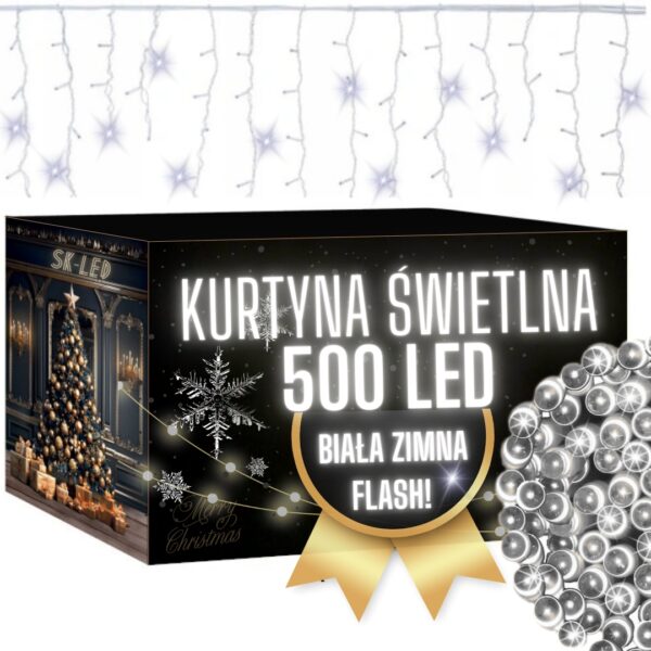 Kurtyna 500 LED Flash Sople Białe Zimne, Zewnętrzne 22,7 m