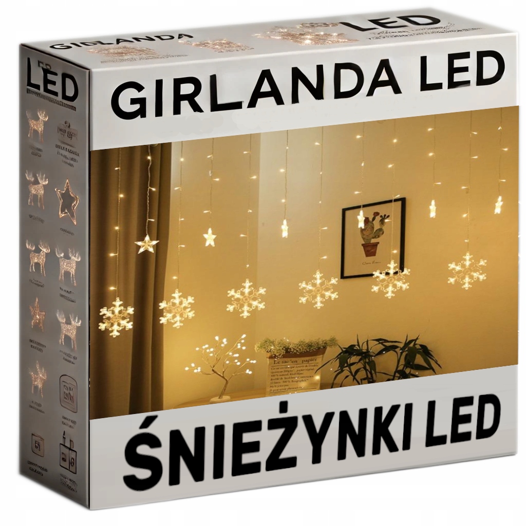 Kurtyna LED Gwiazdki Śnieżynki 10x Lampki Choinkowe Wiszące - obrazek 2