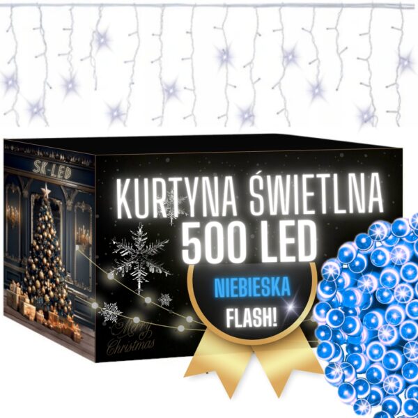 Kurtyna Świetlna 500 LED Flash Niebieska Sople 21m