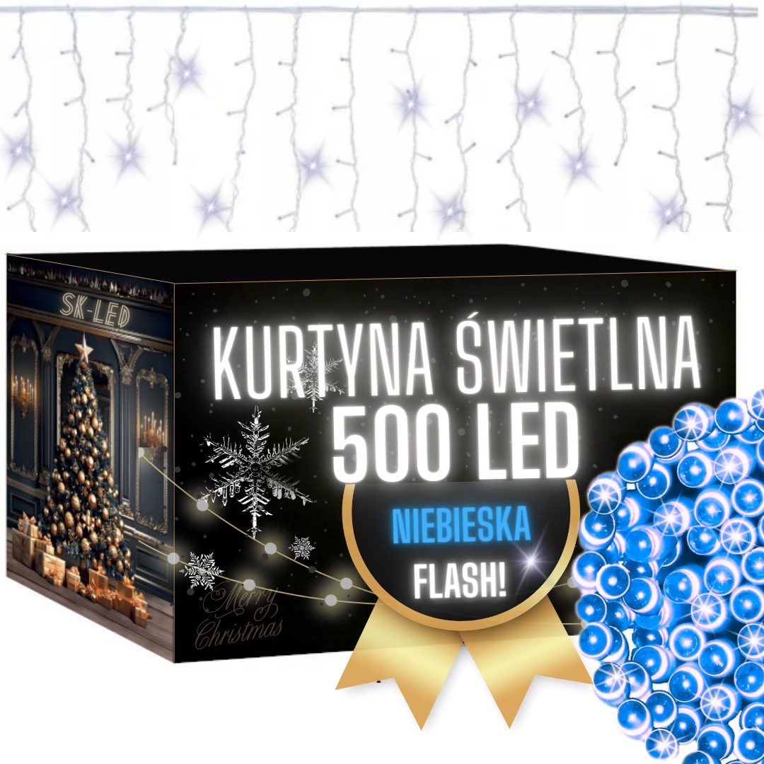 Kurtyna Świetlna 500 LED Flash Niebieska Sople 21m