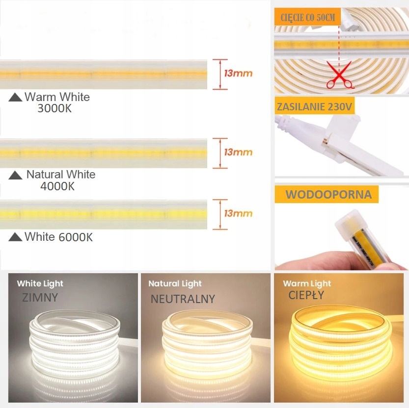 Taśma LED 24V COB zimna IP67 cięcie co 5 cm wodoodporna - obrazek 10