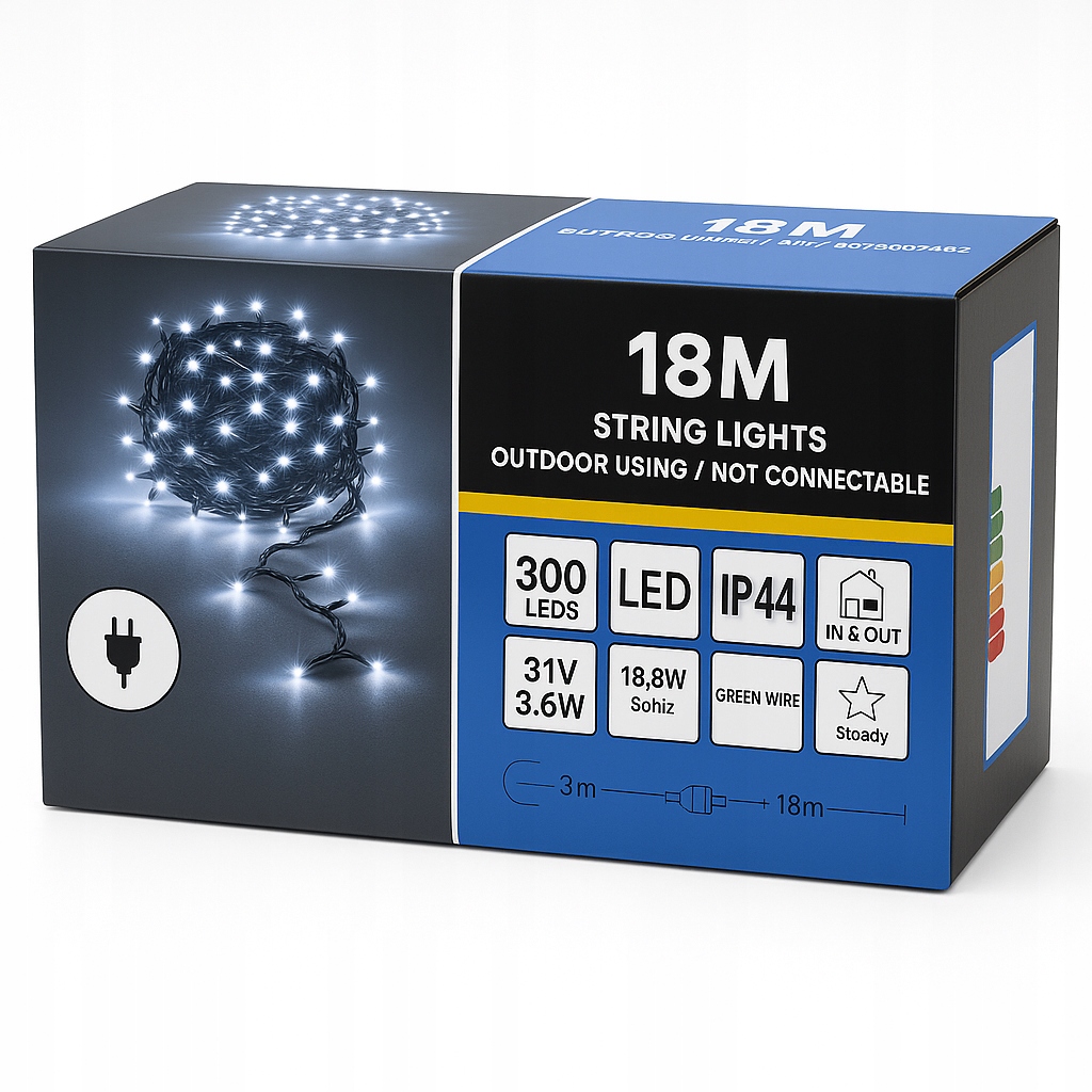 Lampki Choinkowe LED 300 Stałe Światło 21m Białe Zimne IP44