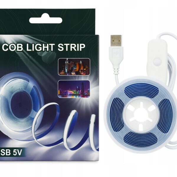 Taśma LED COB 2m USB 5V Biały Zimny z włącznikiem ON/OFF