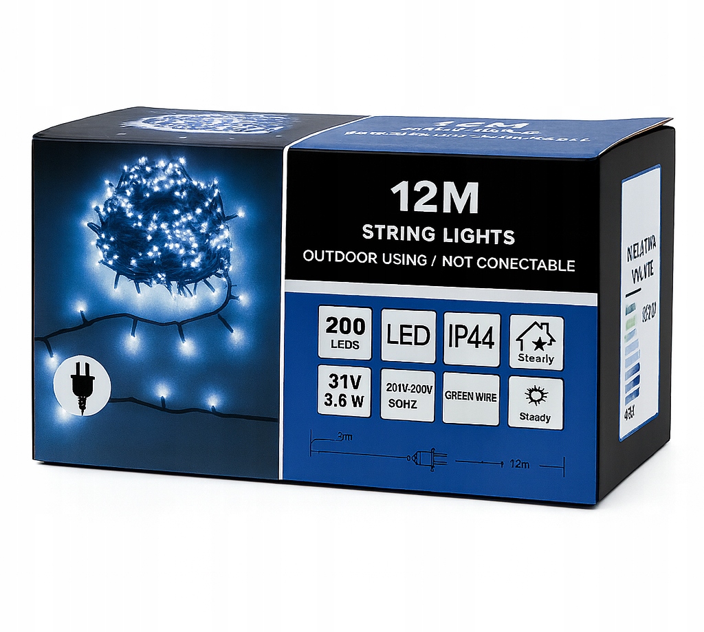 Lampki Choinkowe LED 200 Stałe Światło 15m Białe Zimne IP44