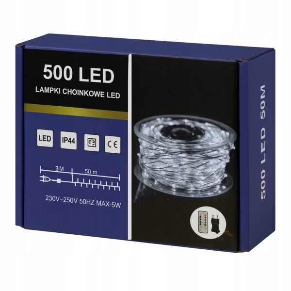 Lampki Choinkowe 500 LED Mikro Drucik 50m Biały Zimny, Pilot