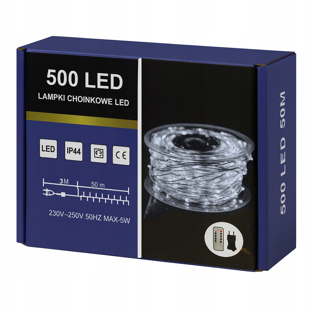 Lampki Choinkowe 500 LED Mikro Drucik 50m Biały Zimny, Pilot