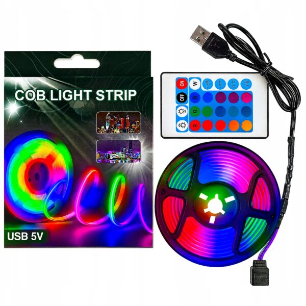 Taśma LED RGB COB 2m USB 5V z pilotem IR 24