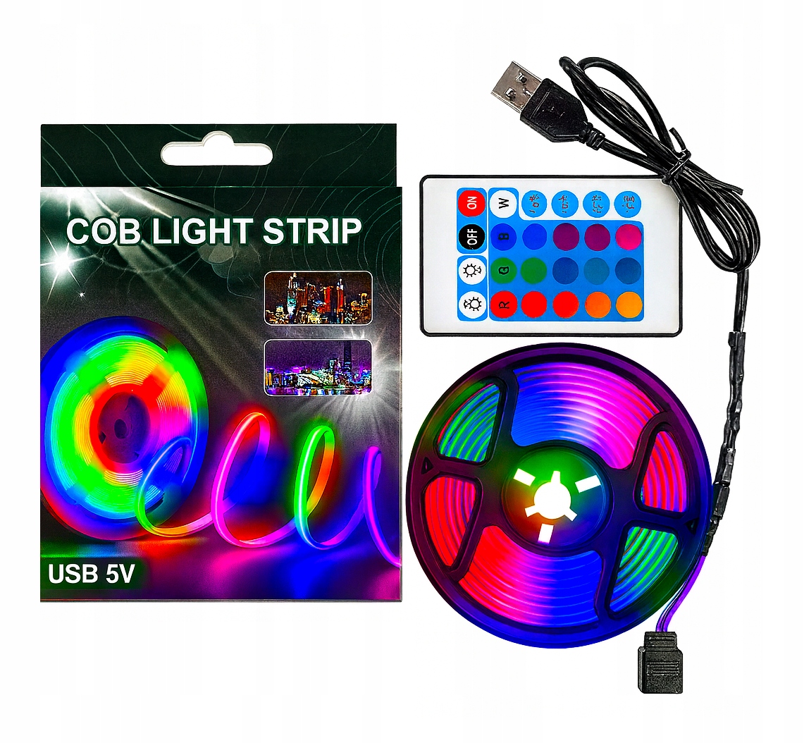 Taśma LED RGB COB 2m USB 5V z pilotem IR 24