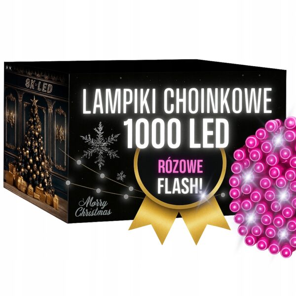 Lampki Świąteczne LED 1000 Różowe Flash 72 m Wodoodporne1