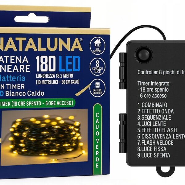 Lampki Choinkowe Czasowe Na Baterie 180 LED Ciepły Biały IP44 8 Trybów