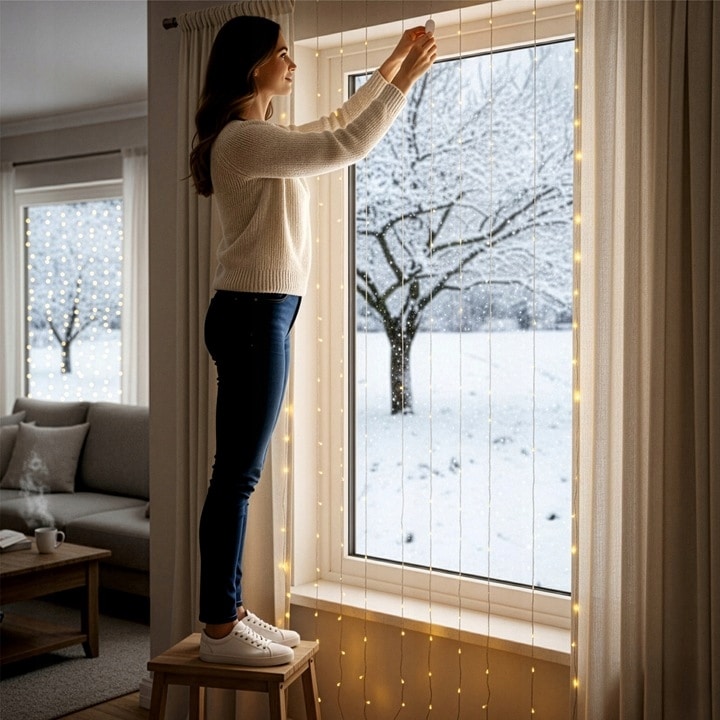 Kurtyna LED 2x2m 200 LED Ciepła Biel USB Pilot Haczyki - obrazek 4