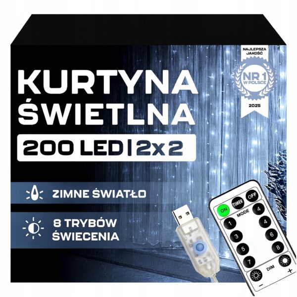 Kurtyna LED 2x2m 200 LED Zimna Biel USB Pilot Haczyki