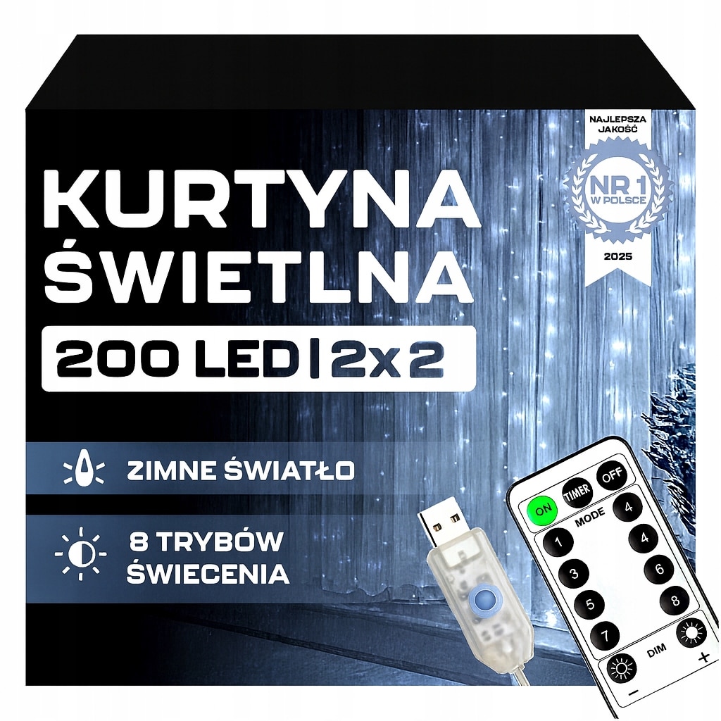 Kurtyna LED 2x2m 200 LED Zimna Biel USB Pilot Haczyki