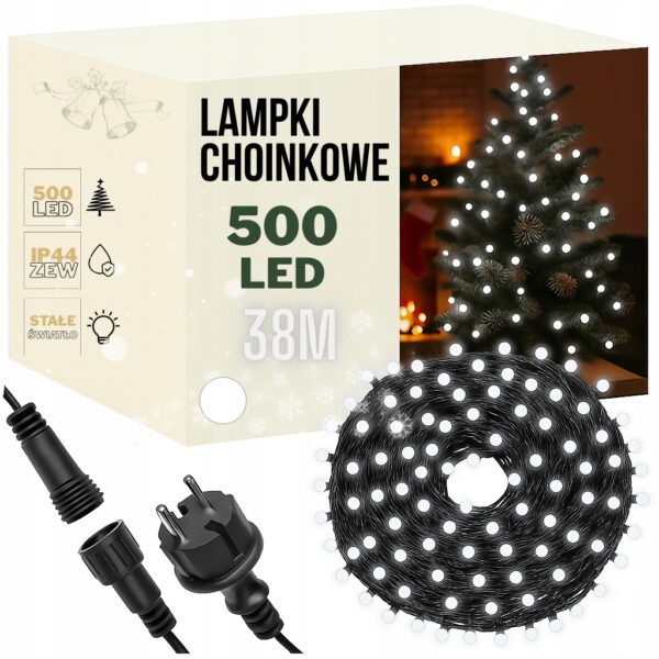 Lampki 500 LED 38 m Białe Zimne Stałe Światło IP44