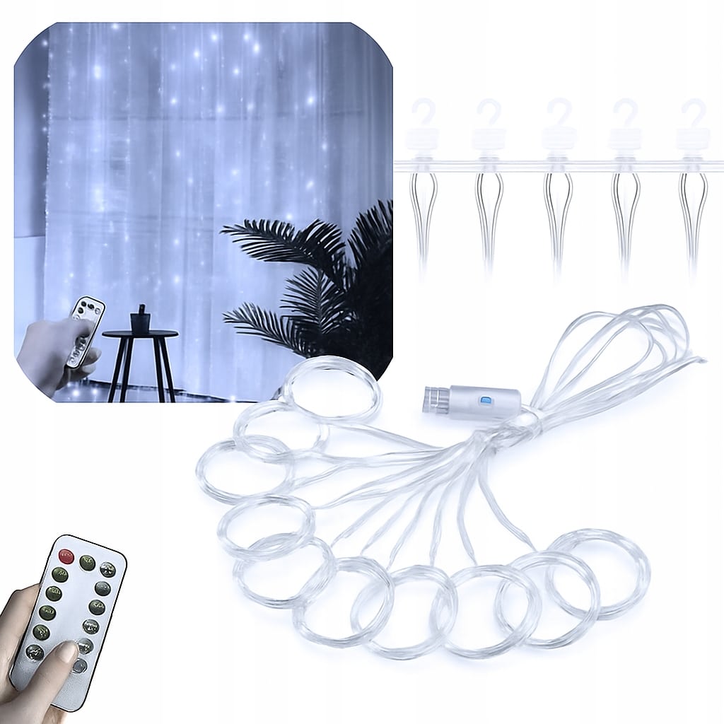 Kurtyna LED 2x2m 200 LED Zimna Biel USB Pilot Haczyki - obrazek 2