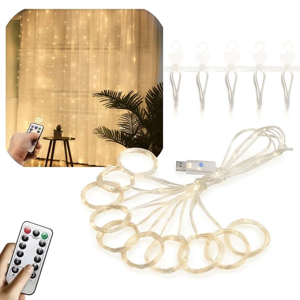 Kurtyna LED 2x2m 200 LED Ciepła Biel USB Pilot Haczyki - obrazek 2