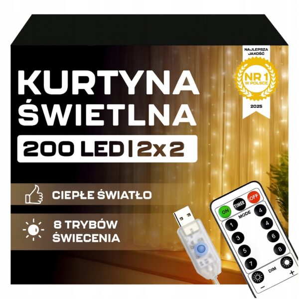 Kurtyna LED 2x2m 200 LED Ciepła Biel USB Pilot Haczyki
