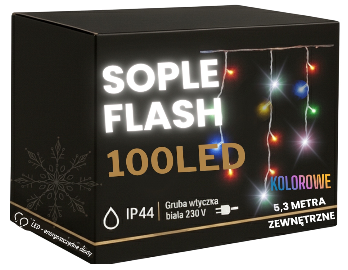 Sople 100 LED 5,3 m Kolorowe + Flash