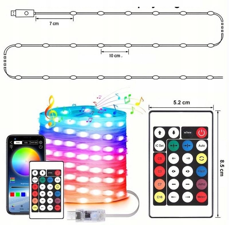 Lampki LED 100 LED 10m RGB IC Smart USB Sterowanie App - obrazek 8