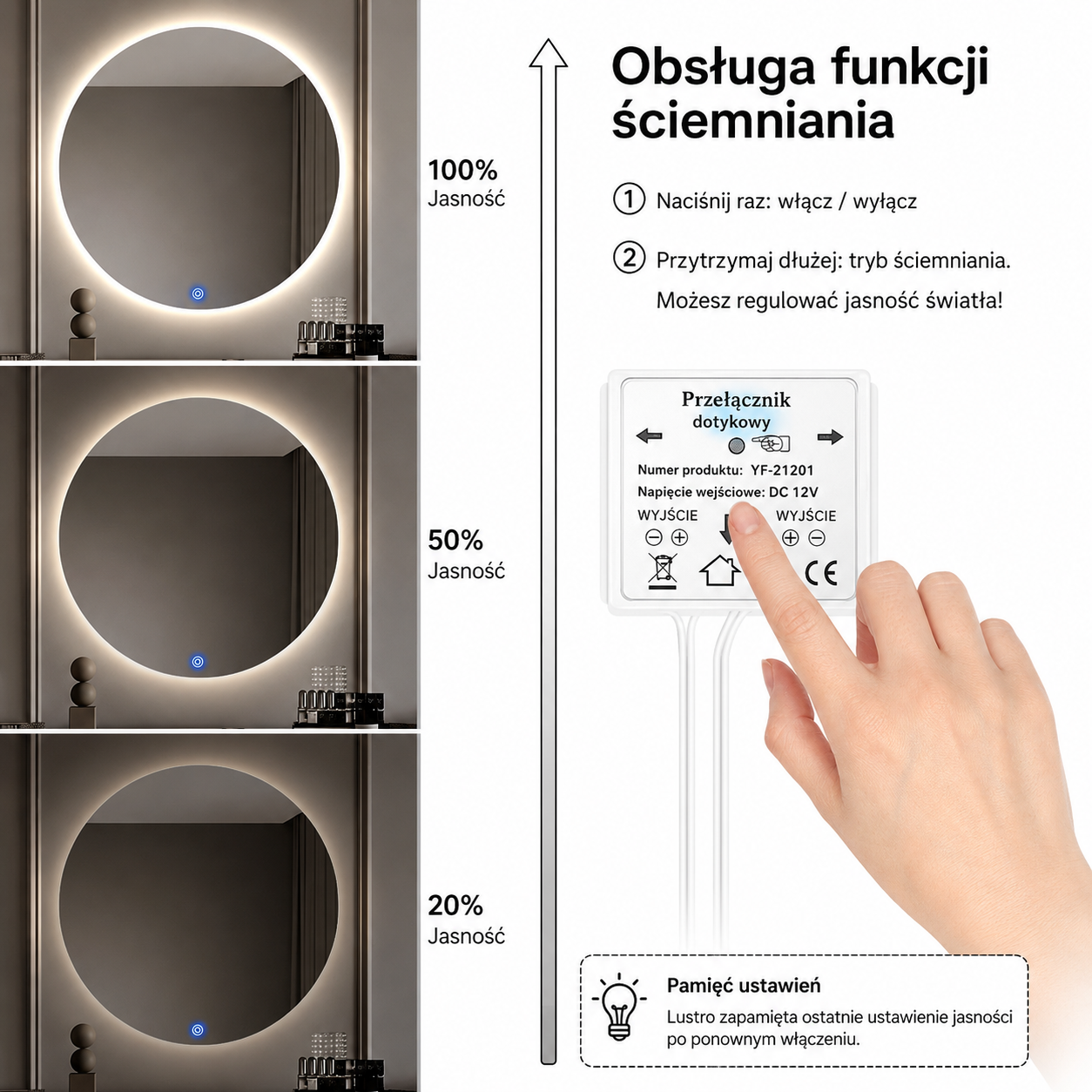 Taśma LED COB 320 LED 2m USB 5V Dotykowa Do Lustra Biały Zimny Ściemniacz - obrazek 7