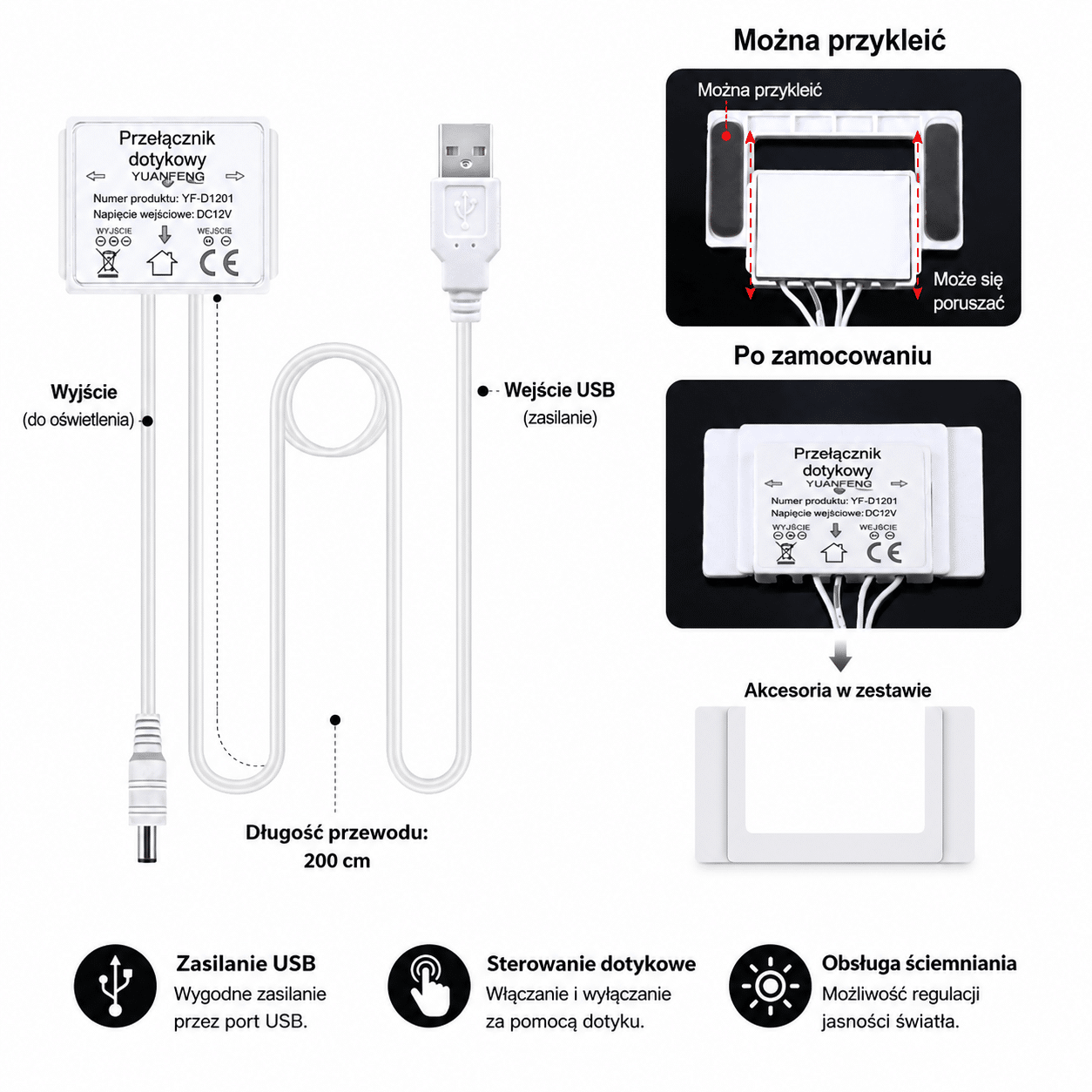 Taśma LED COB 320 LED 2m USB 5V Dotykowa Do Lustra Biały Zimny Ściemniacz - obrazek 6