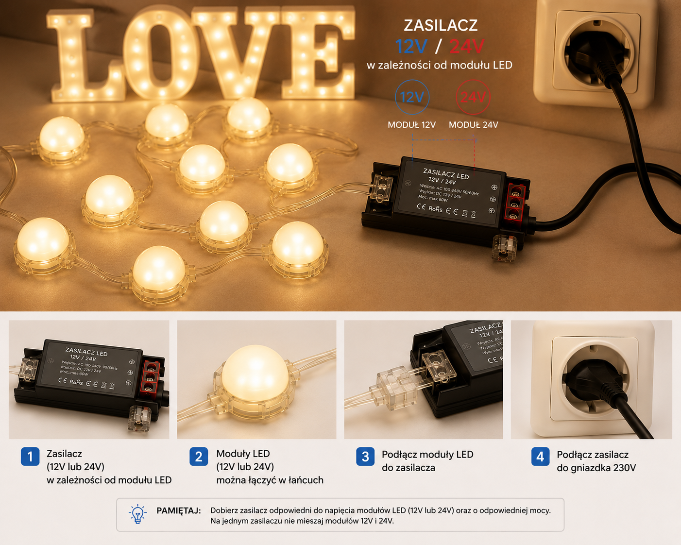 Moduł LED Kulka 50mm 24V 1,5W Biała Ciepła 3000K IP65 do Napisów i Liter - obrazek 9