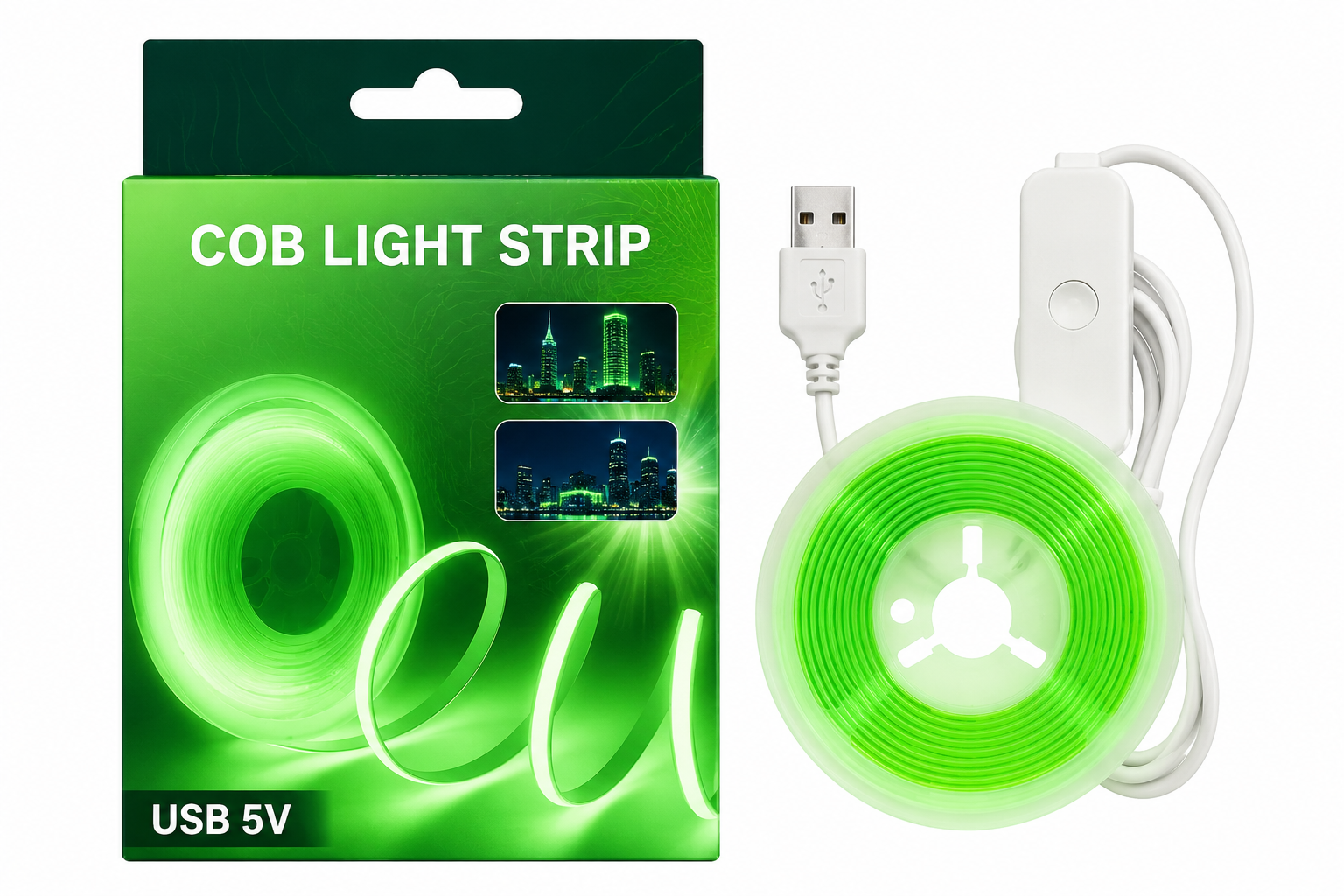 Taśma LED COB 2m USB 5V z włącznikiem ON/OFF Zielony cięcie co 2,5cm