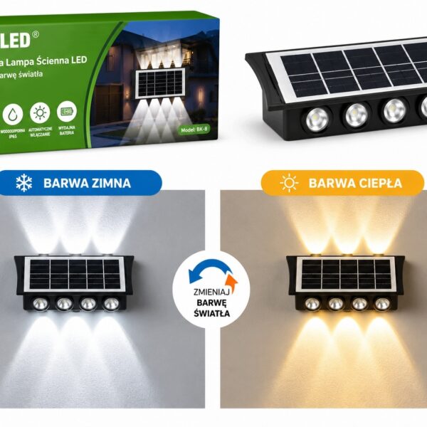 Kinkiet solarny LED 8 LED wybór barwy ciepła i zimna czujnik zmierzchu IP65 - zdjęcie 2
