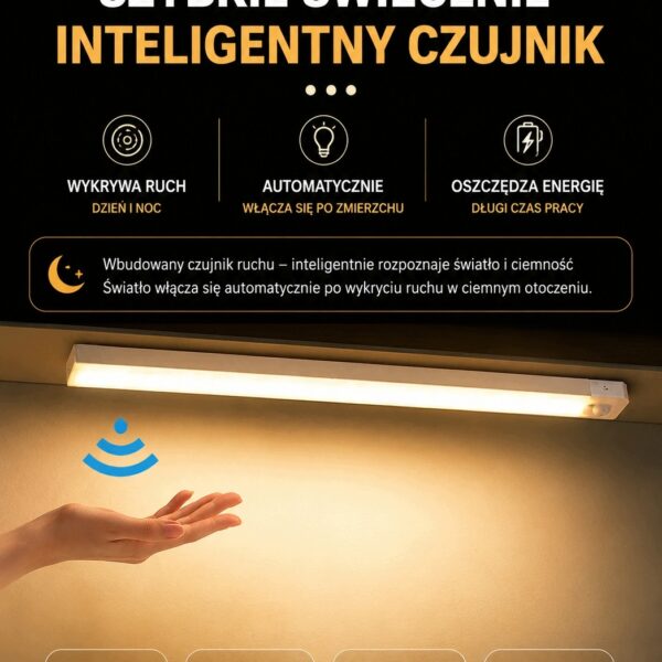 LAMPKA LED DO SZAFY 30CM CZUJNIK RUCHU PIR USB-C MAGNES CIEPŁA - zdjęcie 2