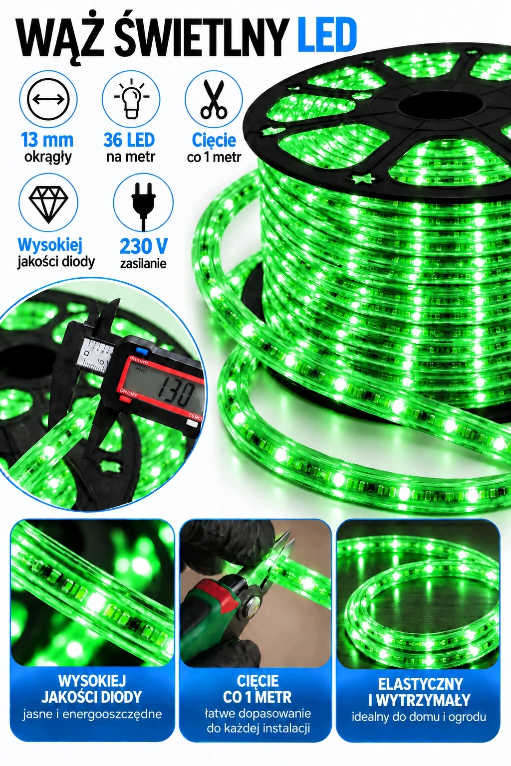 Zielony Wąż Świetlny LED 13mm 2 PIN Zewnętrzny Do Dekoracji Świątecznych - zdjęcie 8