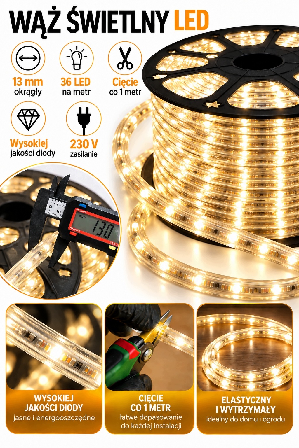 Wąż Świetlny LED 13mm 2 PIN Biały Ciepły Zewnętrzny Świąteczny