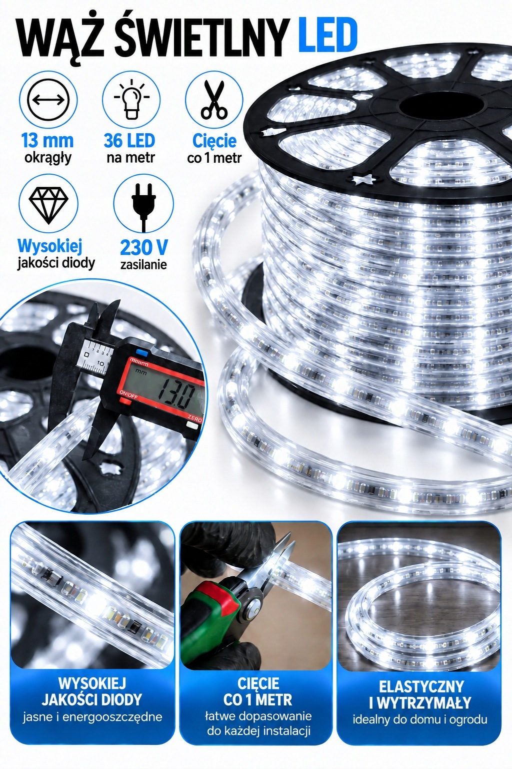 Wąż Świetlny LED 13mm 2 PIN Biały Zimny Zewnętrzny Świąteczny - zdjęcie 4